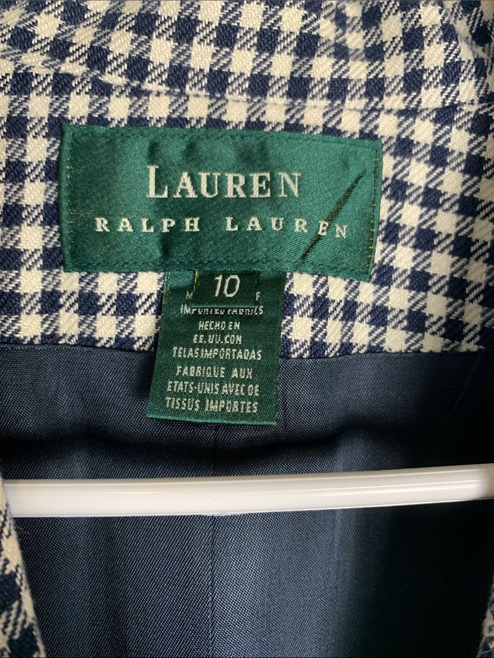 Lauren Ralph Lauren Navy & White Gingham Single-Button Blazer, 100% Linen - Picture 2 of 4